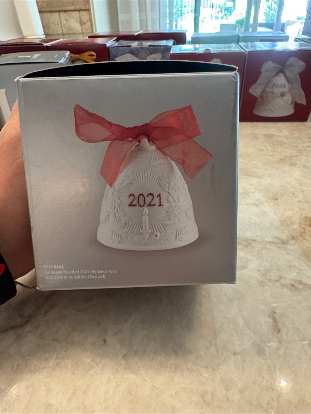 2021 White Porcelain Bell Ornament with Red Ribbon